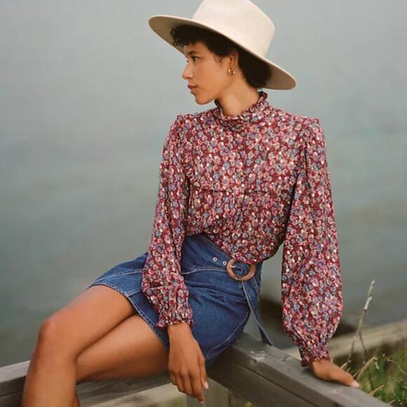 Anthropologie Emia Red Ruffled Floral Button Down Top - Picture 1 of 10